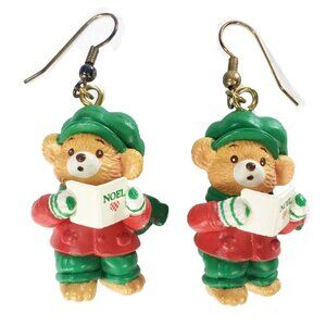 Vtg TCFC Caroling Teddy Bear Christmas Holiday Earrings Red Green Noel Care Bear
